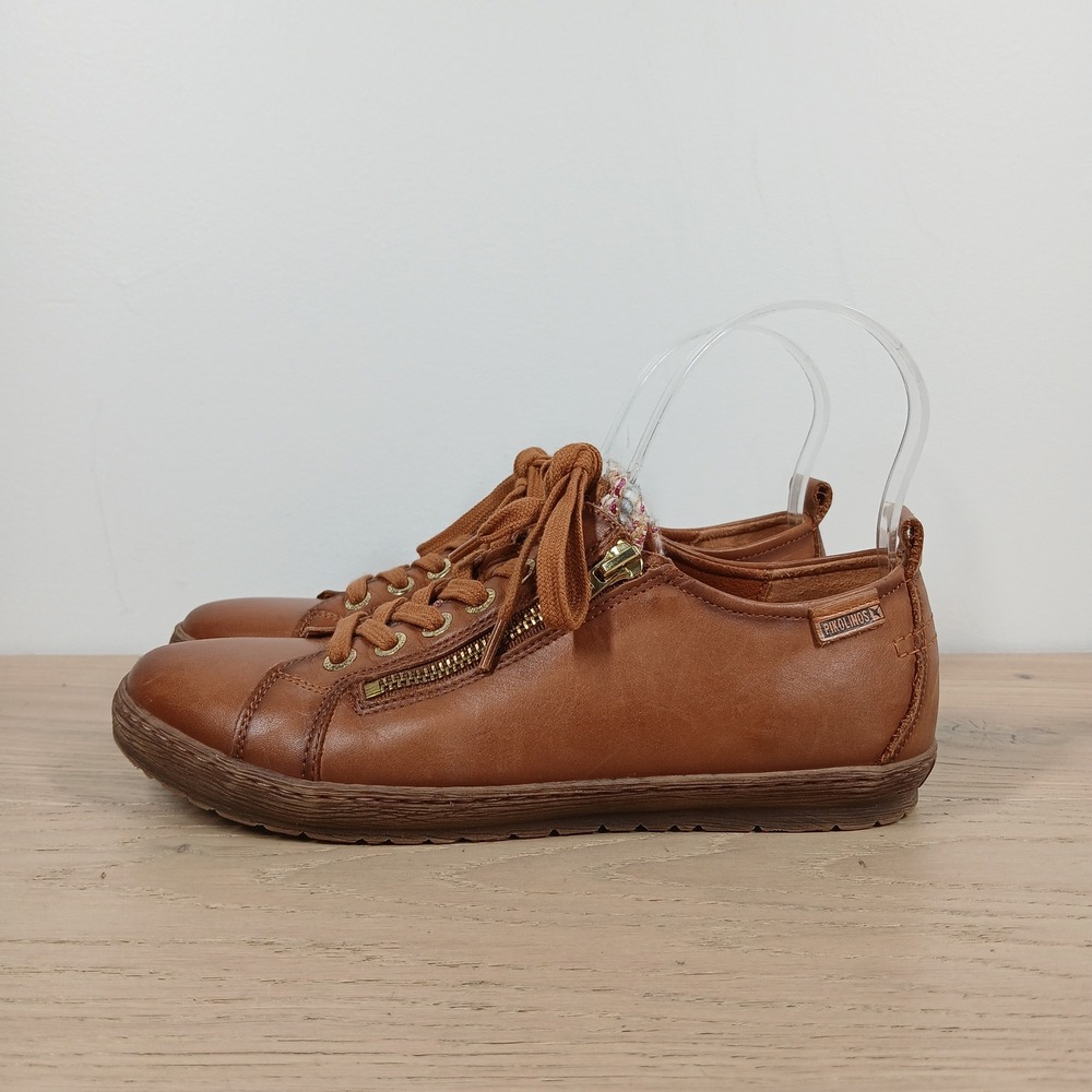 PIKOLINOS Cognac Leather Low-Top Sneakers with Side Zip